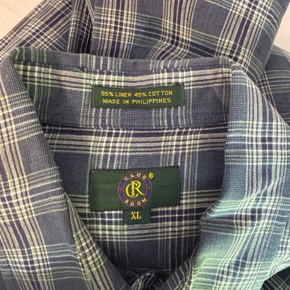Club Room Blue Plaid Short Sleeve Button-Down Shirt Men's XL Linen Blend Pocket - Picture 6 of 6